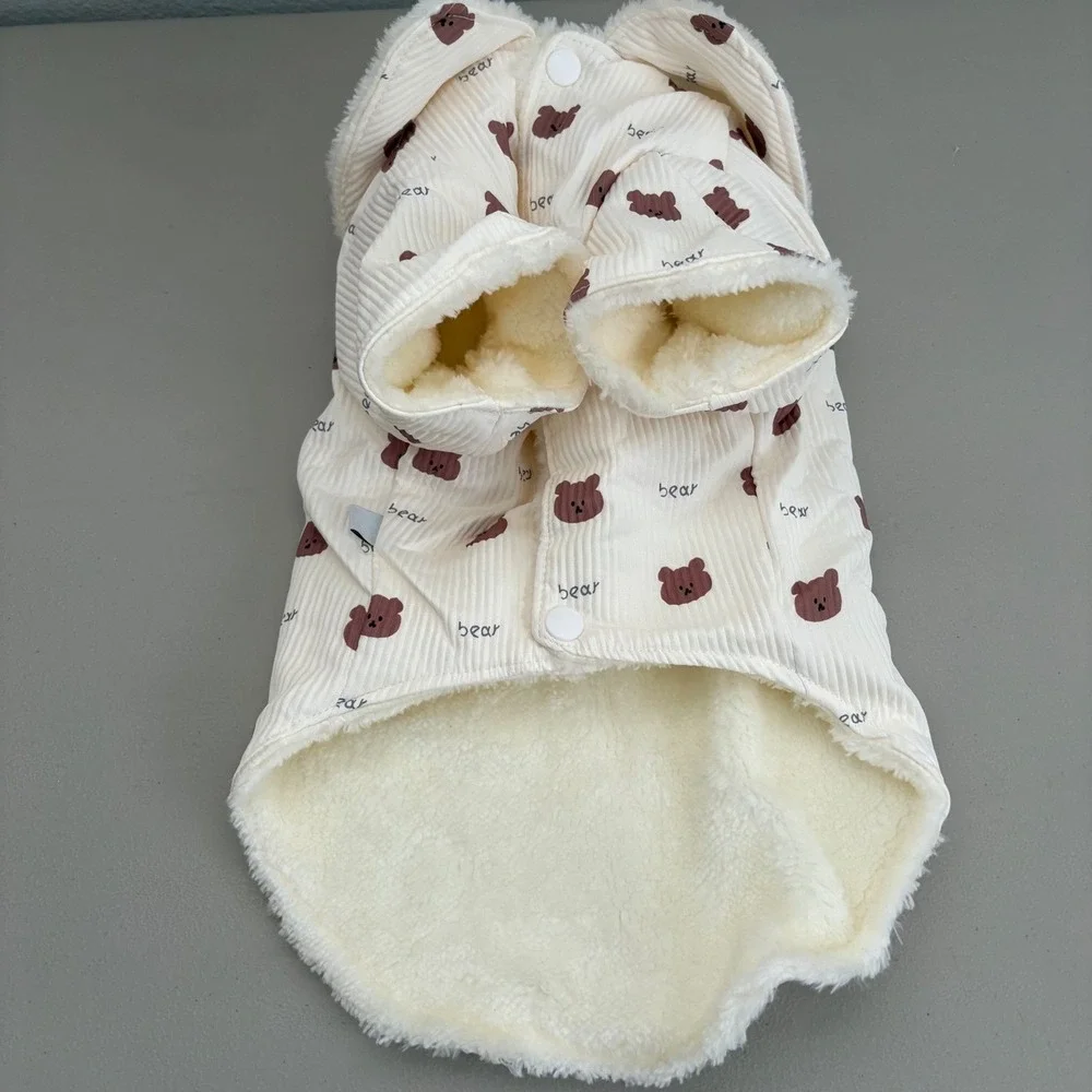 Cream Corduroy Bear Print Pet Jacket Faux Shearling Lined Snap Button Coat Sz 12